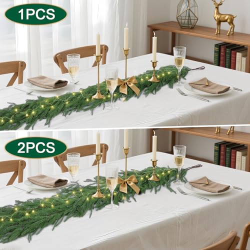 Hananona 2 Pcs 9 Ft Artificial Norfolk Pine Garlands, Real Touch Winter Pine Garland, Green Artificial Greenery Garland for Table, Mantle, Wall, Indoor, Outdoor Christmas Decorations (2, 9 Ft) - size: 9 ft