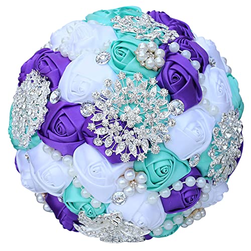 Sharebeauty 7.9 Inch Handmade Satin Rose Bridal Bouquet Toss Round Wedding Bouquet Throw Toss Artificial Flower Bunch Pale Blue + Purple + White - color: W3217d08 Pale Blue/Purple/White