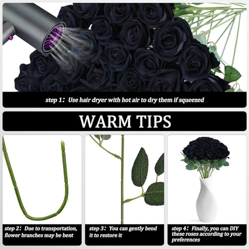 30pcs Fake Roses Artificial Silk Flowers Long Stems Bouquet for Wedding Bridal Shower Party Home Decoration (Black) - color: Black