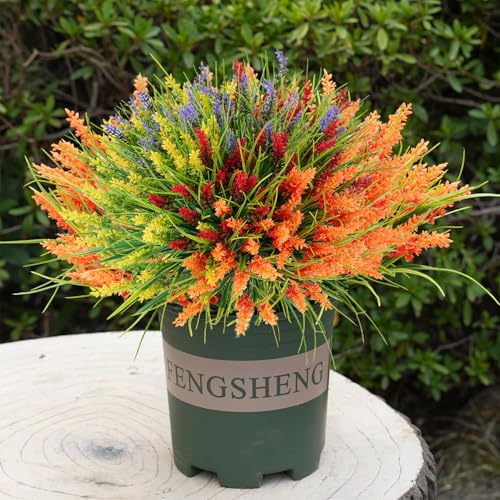 20 Bundles Artificial Plants Outdoor, UV Resistant Fake Flowers, Realistic Faux Lavender Shrubs for Porch Garden Window Box Home Decoration (Yellow Lightpurple Red Orange) - color: Yellow Lightpurple Red Orange