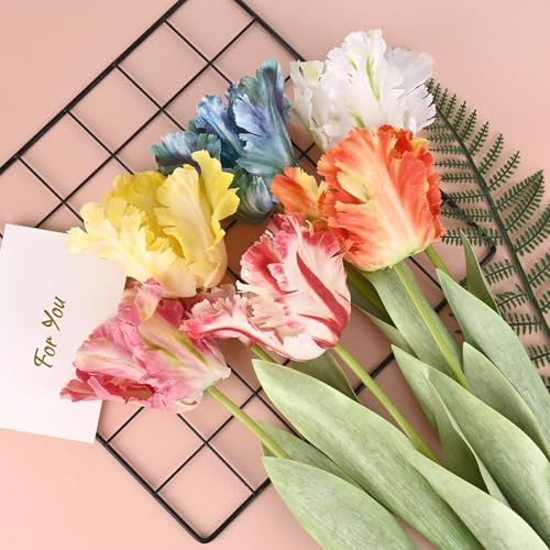 M METERXITY 3-Pack Blue Artificial Parrot Tulip Flowers,27 Inch Faux Parrot Tulip Silk Bouquets Real Touch Faux Flowers for Home/Wedding/Christmas/Party - color: Blue