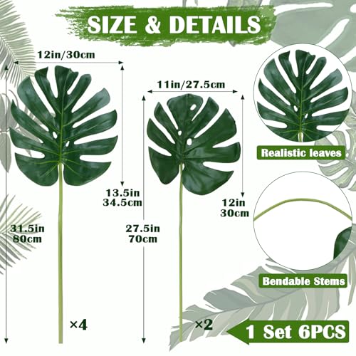 6 PCS Artificial Monstera Leaves Plant Faux Palm Large Leaf Realistic Fake Monstera Leaves with Stem for Home Wedding Tropical Luau Hawaiian Jungle Party Decoration - color: 6pcs Monstera Leaves
