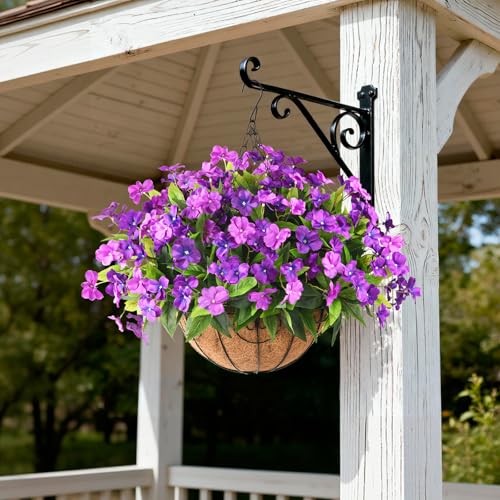 Artificial Impatiens Flowers for Outdoors, 6 Bundles Silk Fake Flowers for Spring Summer Decoration, UV Resistant Faux Plants Plastic Bouquet for Home Planter Porch Patio Yard Decor(Double Purple) - color: Double Purple