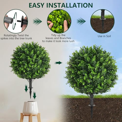 2 Pack 25" Artificial Eucalyptus Topiary Ball Tree for Outdoors Faux Evergreen Shrubs Plants with Ground Spike UV Resistant Fake Bushes Ball Trees for Outdoor Indoor Home Porch Patio Decoration - color: Eucalyptus