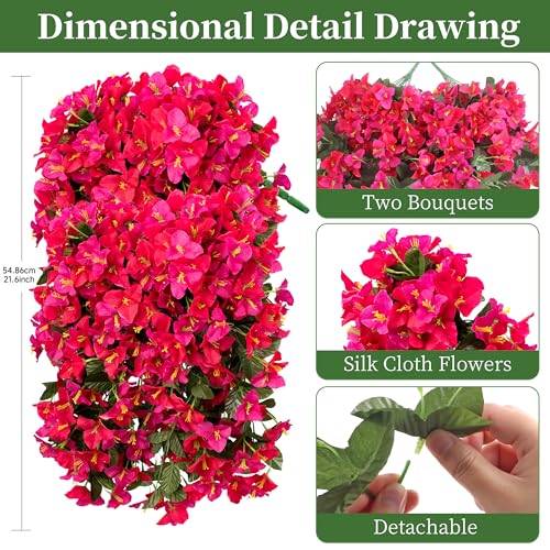 Artificial Bougainvillea Hanging Flowers Plants - 2 PCS faux Bougainvillea flowers with Long Trailing Vines for Outdoor Decoration, Perfect for Porch, Urn Patio Balcony (Rose Red & Red Lotus Mix) - color: Rose Red & Red Lotus Mix