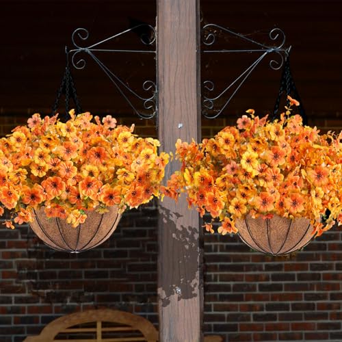 Orgrimmar 2pcs Artificial Fall Mums Hanging Basket Fake Flower Plant Orange | UV Resistant Realistic Silk Mums & Eucalyptus, Coconut Lining Baskets for Home Porch Balcony Patio Yard - color: Orange