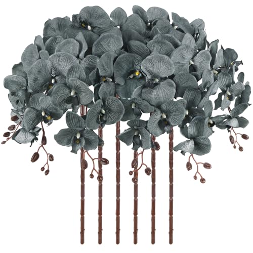 41in Artificial Orchids Fake Orchid 6PCS Velvet Silk Orchids That Look Real Long Stem Artificial Flowers for Tall Vase for Home Party Fall Halloween Décor (Gray) - color: Grey