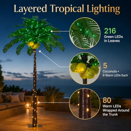 Lightshare 9FT Gorgeous LED Palm Tree with Coconuts - 368 Lights, Artificial Tropical Decoration for Indoor and Outdoor, Home, Patio, Christmas & Nativity Scenes - size: 9ft