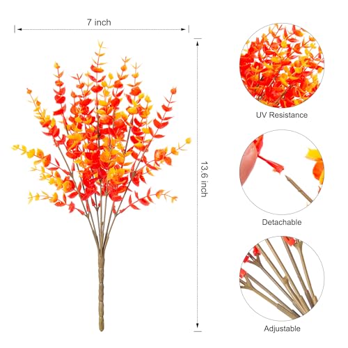Artificial Fake Fall Autumn Eucalyptus Plants Flowers for Outdoor Outside Decoration, Faux Silk Orange Boxwood Look Real UV Resistant for Home Porch Patio Planter Decor，12 Bundles - color: Orange Eucalyptus
