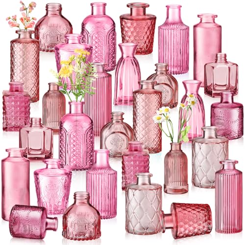 Yaomiao 30 Pcs Vases Bulk Colored Flower Glass Bud Vases Valentine Vintage Colored Glass Bottles Colorful Rustic Embossed for Home Wedding Table Decorations Gifts(Pink Series) - color: Pink Series