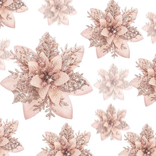 Geosar 36 Pcs Christmas Glitter Artificial Poinsettia Flowers Xmas Poinsettia Artificial Wedding Flowers Decorations Xmas Tree Ornaments with Clips for Party, 6 Inch, 4 Inch, 3 Inch(Rose Gold) - color: Rose Gold
