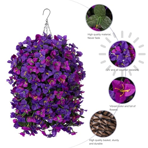 Artificial Bougainvillea Faux Flowers Plants Baskets for Outdoor Outside Decoration, 3PCS Fake Silk Flowers Long Trailing Vines UV Resistant Realistic for Front Door Porch Patio (Dark Purple Fuchisa) - color: Dark Purple Fuchisa