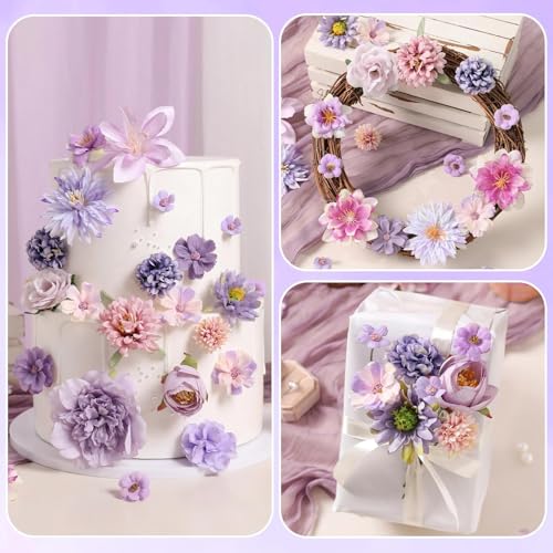 Artificial Flowers Heads Combo Purple Flowers Mix Silk Flowers Heads Bulk Faux Rose for Craft Garland Graduation Cap Wedding Bridal Baby Shower Home Party Decoration DIY Cake Decor - color: Purple