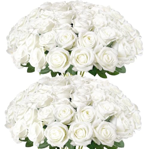 50Pcs White Roses Artificial Flowers with Stems，Fake Roses Bouquet Fake Flowers Bulk，Silk Velvet Roses for Wedding Centerpieces Arrangement Baby Shower Birthday Home Decor Gifts - color: White, size: 50