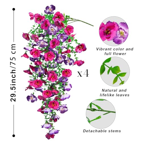 Artificial Hanging Flowers for Outdoors Decor, Fake Silk Hibiscus Long Trailing Vines UV Resistant Realistic Flowers Plants for Outside Front Door Porch Patio Balcony (Fuchsia + Purple, 4pcs) - color: Fuchsia + Purple, size: 4 pcs