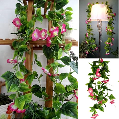 Artificial Morning Glory Flower Vines, Fake Hanging Plants Green Vine Silk Garland Flowers Faux Greenery Plastic Plant for Indoor Outdoor Garden Wall Fence Stairway Wedding Home Decor Pink 2 Pack - color: Morning Glory Vines - Pink 2 Pcs
