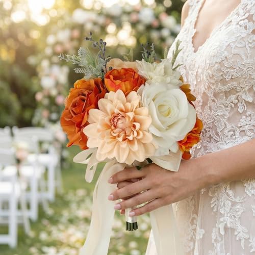 Wedding Bouquets for Bride, Burnt Orange White Bridal Bouquet | Realistic Silk Rose for Autumn Wedding, Proposal, Thanksgiving and Venue Decoration - color: Burnt Orange