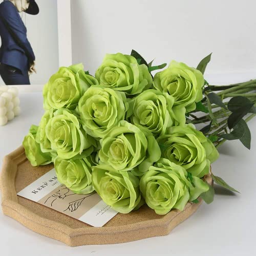 Laelfe 12 PCS Artificial Flowers Roses Silk Flowers Fake Long Stem Artificial Roses for Home Wendding Kitchen Decorations(Green) - color: Green