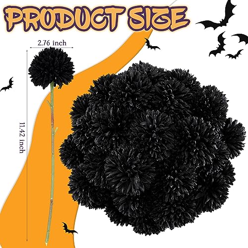 Xunyee 30 Pcs Halloween Artificial Black Flowers with Stems 2.76'' Large Black Faux Flowers Plants Faux Silk Chrysanthemum Ball Hydrangea Arrangements for Wedding Bouquet Floral Centerpiece Decoration