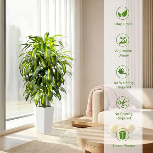 5FT Fake Plant Artificial Dracaena Tree Indoor - Faux Plants Indoor Tall with White Planter - Fake Tree Floor Plant Artificial Plants Decor for Living Room Office - color: White, size: 5ft