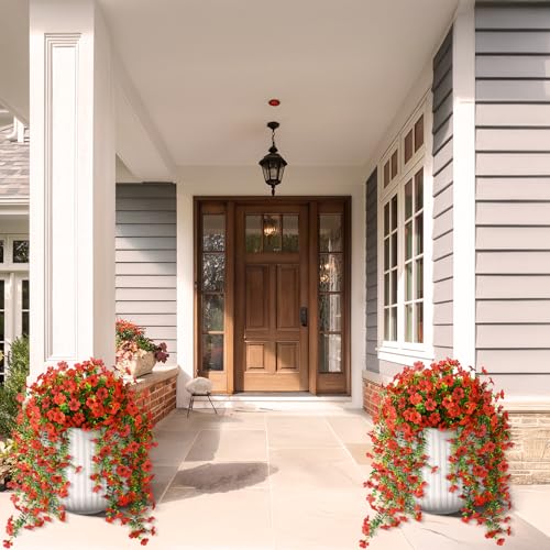 Hommyea Fake Artificial Hanging Flowers for Outdoors, 2 Pcs Fake Hanging Plant Spring Summer Decor, UV Resistant No Fade Faux Silk Daisy Flower for Front Door Porch Planter Patio Yard Garden(Red) - color: Red