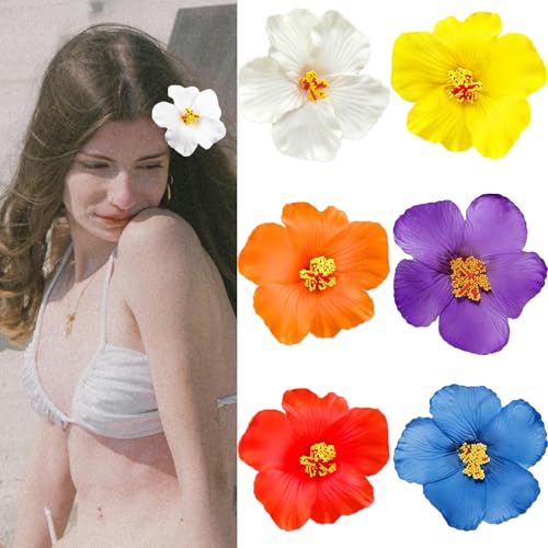6Pcs Hawaiian Flower Hair Clips for Women,Plumeria Hair Clips Hibiscus Hair Barrettes, 3.5 Inch Boho Artificial Flower Clips, Cute Hair Accessories for Women Girls Summer Vacation Beach Party - color: Hawaiian Style Color A:Orange, Purple, Red, White, Yel