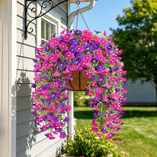 Artificial Hanging Flowers for Outdoor, 4Pcs UV Resistant Faux Morning Glory Flower Spring Summer Decroation, No Fade Fake Flower Trailing Vine for Porch Patio Balcony Yard Garden, Purple+Light Purple - color: Purple Lotus