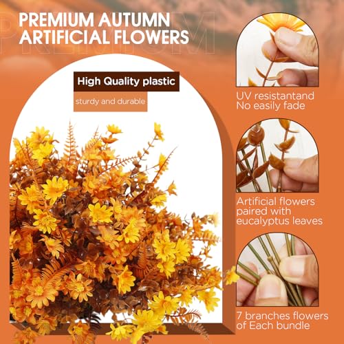 36pcs Fall Fake Flowers for Outdoor Realistic Artificial Flowers for Outdoor UV Resistant Faux Mums Plastic Autumn Flowers No Easy Fade Fall Thanksgiving Fall Flowers for Porch ＆Planter - color: Yellow ＆ Orange ＆ Brown（with Fall Ferns）, size: 36 pcs