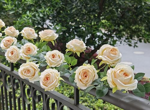 2Pcs 12Ft Bendable Artificial Flower Garland Faux Rose Vine Hanging Floral Garland for Wall Decor Trellis Fence Home Room Garden Wedding Decoration(Champagne) - color: Champagne, size: 2pcs
