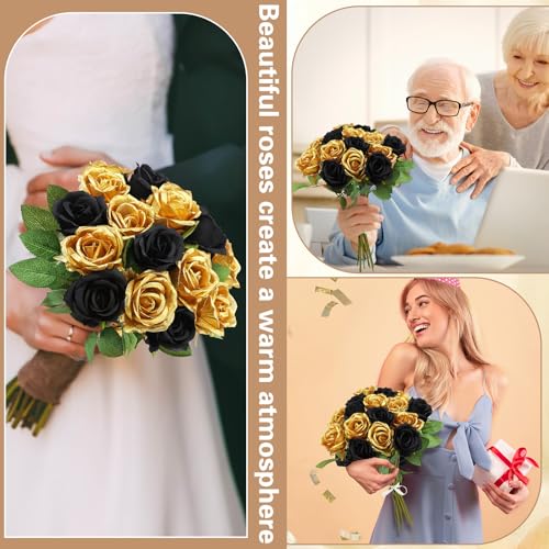 72 Pcs Artificial Roses Gold, Black Fake Silk Roses Realistic Roses Faux Flower Indoor Wedding Home Decor, Birthday Decorations - color: Gold,black