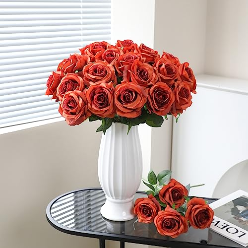 Tifuly Orange Roses Artificial Flowers -12 Pcs Long Stem Silk Roses, Realistic Fake Roses with Stem for Bridal Bouquets, Home and Office DIY Decor - color: Orange