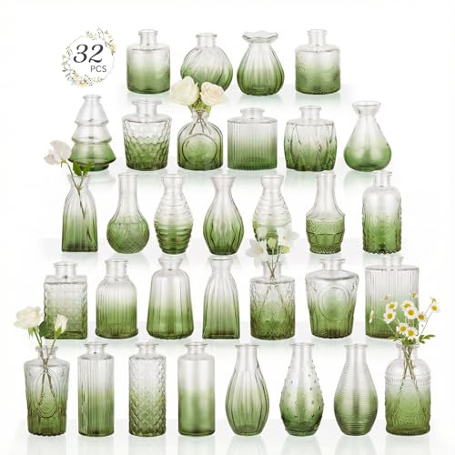 RUCKAE Glass Bud Vases Mini Flower Vase Small Vintage Vases for Centerpiece Table Wedding Decorations Home Decor Party(Gradient Green 32pack) - color: Gradient Green