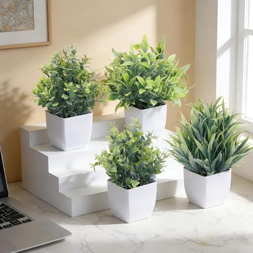 CEWOR Fake Plants 4 Packs Small Artificial Greenery Mini White Potted Plants Bathroom Accessories Decorations for Desk Bathroom Office Home Room Kitchen Table Indoor - color: Grey1