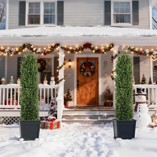 THE BLOOM TIMES 6FT Tall Artificial Cedar Topiary Trees Set of 2, UV Resistant Large Faux Cypress Evergreen Plants for Outdoor Planters, Realistic Fake Bushes & Shrubs for Front Porch Christmas Decor - color: Lush Cypress Trees, size: 6 Foot