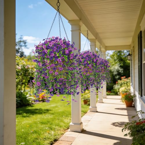 4 Pcs Artificial Hanging Flowers for Outdoor, Fake Silk Daisy Flowers Spring Summer Decoration UV Resistant Faux Plants for Planter Front Door Porch Patio Balcony Yard Decor, Double Purple - color: Double Purple
