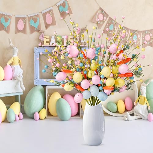 Sggvecsy Artificial Easter Stems 6 Pcs Spring Berry Picks with Eggs Carrot Colorful Berries Twig Branches Sprays for Easter Arrangement Centerpiece Easter Celebration Home Vase Decor - color: Colorful
