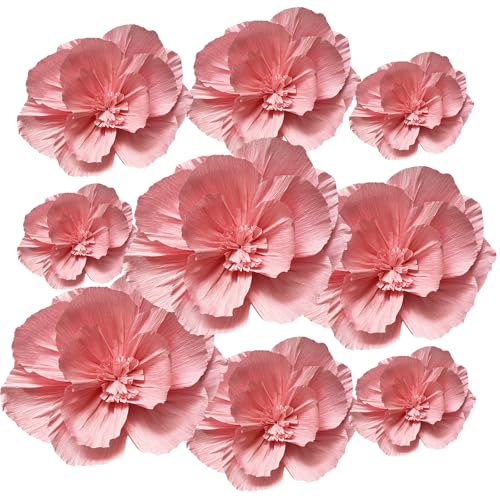 BRT Bearingshui Crepe Paper Flowers Decoration for Wall Total 9 Pcs, Artificial Flowers for Wedding Decor,Flower Backdrop Decor, Baby Bridal Shower Birthday Party, Pink 3D Wall Flowers Decor - color: Pink