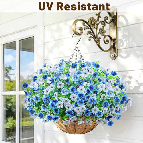 2 Pack Artfiticial Hanging Flowers Baskets for Outdoors, UV Resistant Faux Hanging Plants, 24 Pcs Fake Silk Flowers for Patio Garden Front Porch Balcony Decor (Blue White) - color: Blue White