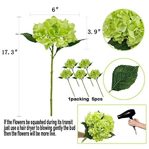 6Pcs Artificial Fake Flowers Plants Silk Hydrangea 1 Flower Head Arrangements Wedding Bouquets Decorations Plastic Floral Table Centerpieces Home Kitchen Garden (Green) - color: Green