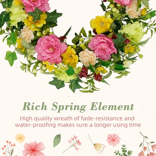 YNYLCHMX 20" Spring Summer Wreaths for Front Door, Artificial Floral Wreath with Peony and Eucalyptus Leaves, Green Foliage Wreath for Wall Window Farmhouse Party Holiday Home Decor - color: Colorful Peony