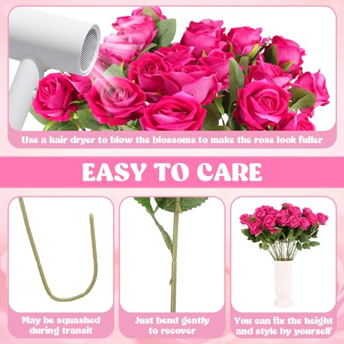 36 Pcs Velvet Silk Hot Pink Rose Bouquet Bridal Artificial Flowers,Fake Rose Long Stem Realistic Artificial Flowers Bulk for Wedding Bouquet Ball Arrangement Centerpiece Party Decor(Hot Pink) - color: Hot Pink