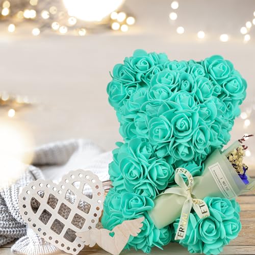 Rose Bear Valentines Day Gifts for Her, Rose Teddy Bear Romantic Gifts for Girlfriend Wife Mom,Flower Bear with Rose Bouquet and 100 Languages I Love You Necklace - color: Greenish Blue