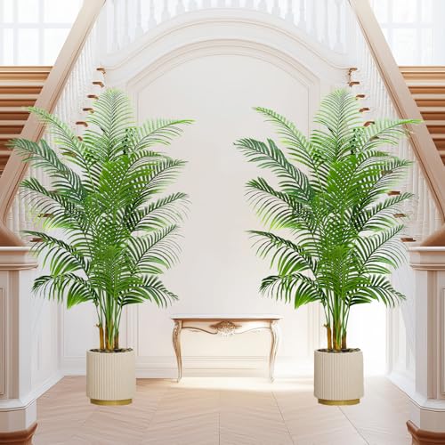 2 Pack Artificial Palm Tree Indoor Plant 7FT Tall Fake Tropical Palm Tree in Pot, Real Bark Design Faux Areca Palm Tree for Home Office Living Room Bedroom Farmhouse Modern Outdoor Topiary Tree - size: 7FT-2