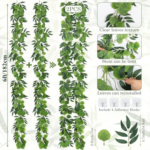 RECUTMS Artificial Eucalyptus Vine Garland with Willow Leaves 2Pcs 6Ft Fake Hanging Silk Greenery Faux Ivy Plant for Indoor Outdoor Home Wedding Arch Party Table Porch Summer Decor(Dark Green) - color: Eucalyptus Leaf Dark Green