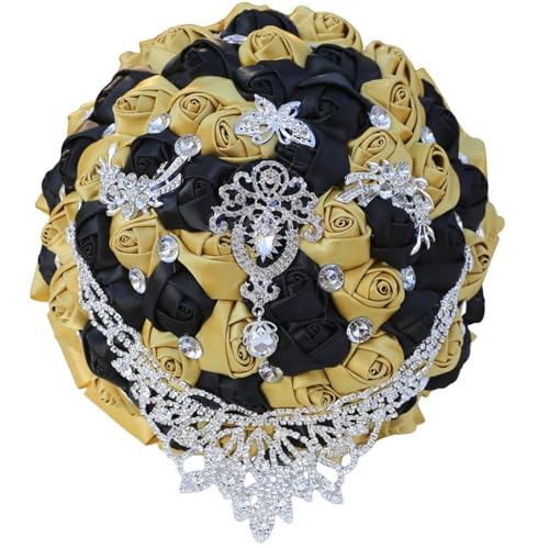 Handmade Luxury Wedding Bridal Bouquet Large Silk Rose Holding Toss Artificial Flowers Bouquets with Satin Ribbon Pearls Rhinestone for Bride Vintage Royal Wedding Bouquet (Black + Golden) - color: Black + Golden