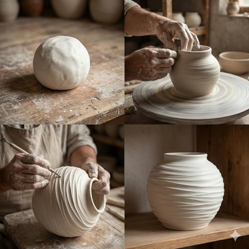 White Ceramic Vase for Home Decor - Rustic Farmhouse Flower Vase, Hand-Carved Spiral Texture, Decorative Round Pottery Vase for Shelf, Table, Nightstand, Centerpiece (Matte White) - Small