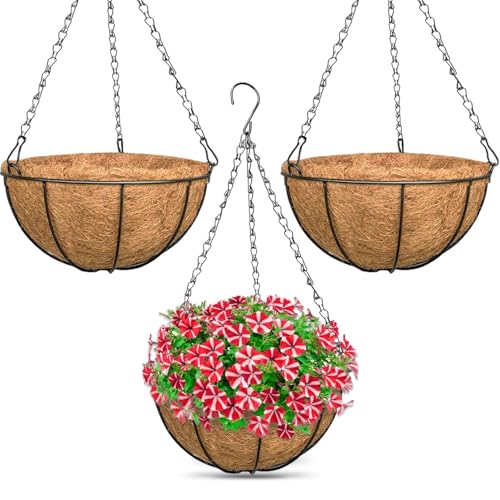 ZeeDix 3 Pack 14 Inch Hanging Baskets for Plants Outdoor Indoor, Metal Hanging Planters Flower Pots with Coco Liners Replacement, Decor Garden Flowers Vegetables Plants - color: 3 Pack, size: 14 Inch