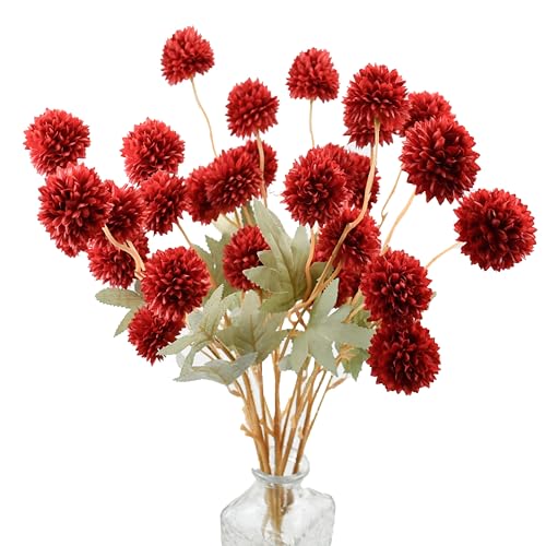 Mandy's 6 Stems Silk Red Kiku Ball Flowers | Artificial Chrysanthemum Stems for Home Summer Décor Realistic Faux Floral Arrangement Minimalist Elegant Style - color: Red