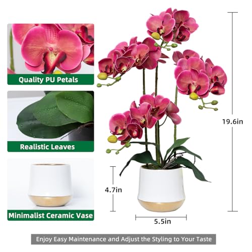 Artificial Orchid Flowers in Ceramic Vase Realistic Crimson Faux Orchids 19.5 Inch Fake Phalaenopsis Plant Arrangements for Home Indoor Centerpiece Decor (Set of 4 Stems) - color: Crimson, size: 14CM- WhiteGolden