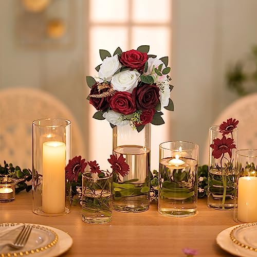 BLOSMON Artificial Flowers Ball Wedding Centerpieces 10 Pcs Burgundy Rose Artificial Flower Center Pieces Decoration for Table Silk Kissing Ball Faux Floral Bouquet Arrangements Home Party DIY Decor - color: Burgundy